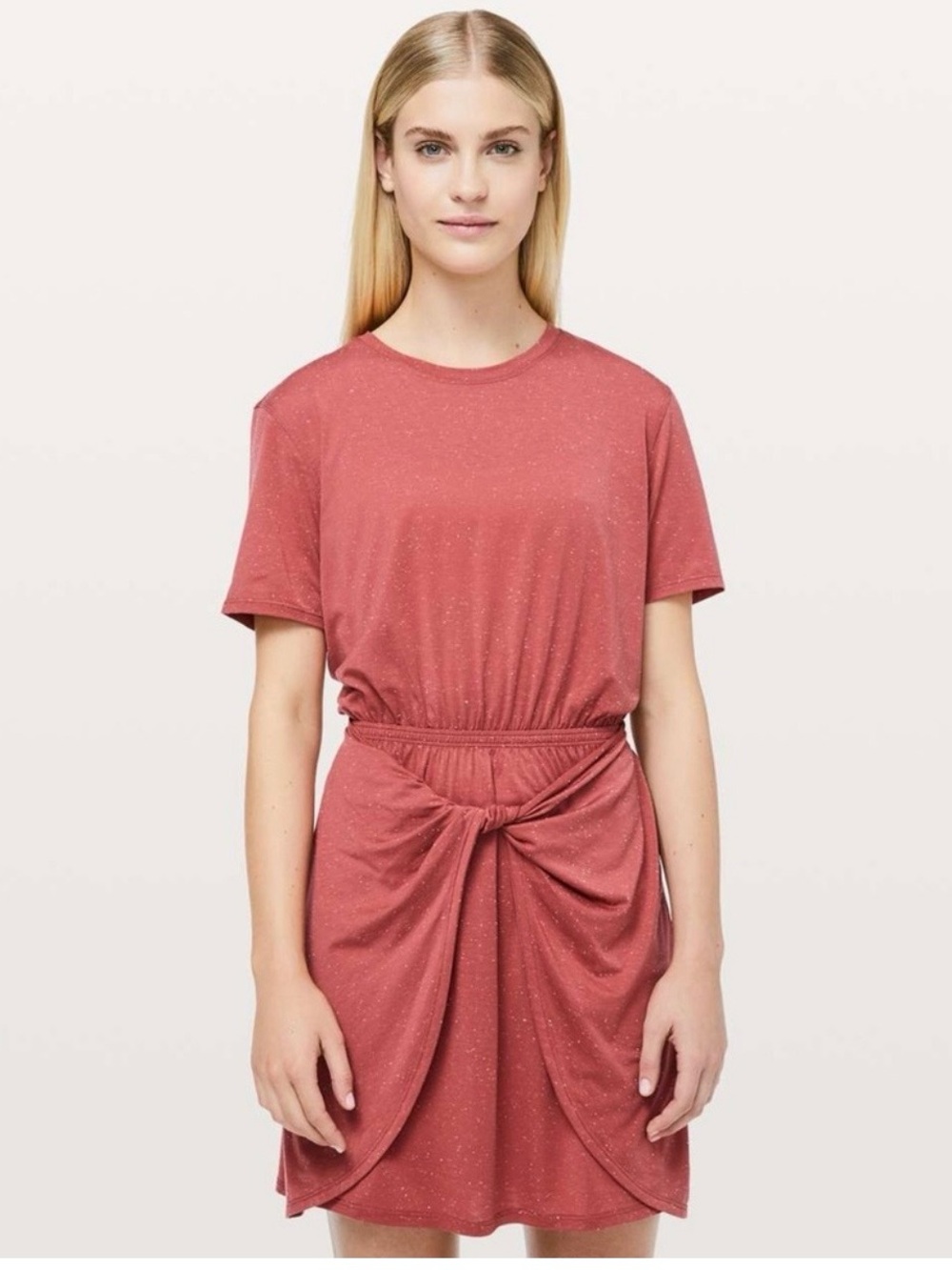 Lululemon Unwind Your Mind Peach Spekled Short Sleeve Draped Dress 12 Athletic